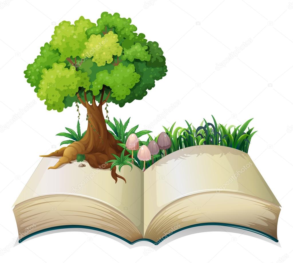 An open book with a tree