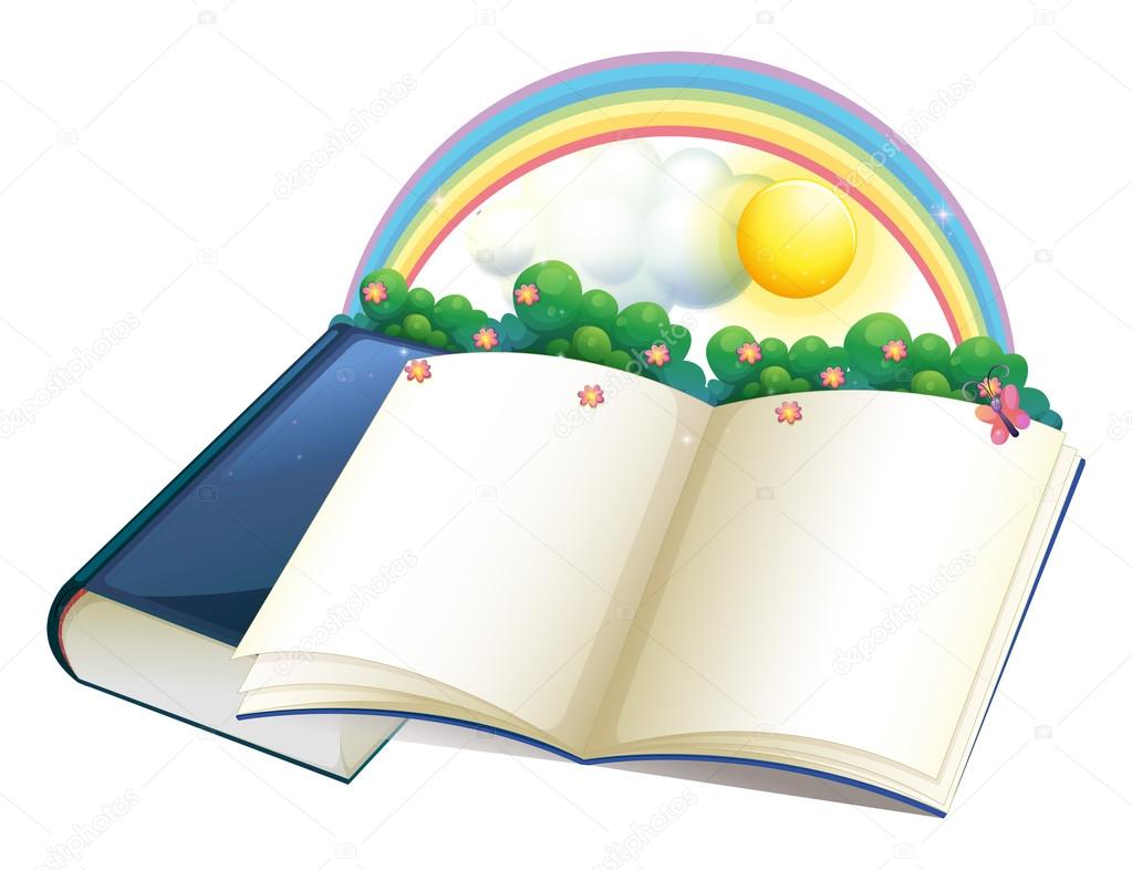 A storybook with a rainbow and plants