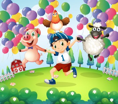 bir çocuk ve onun hayvan balon yüzen ile Farm