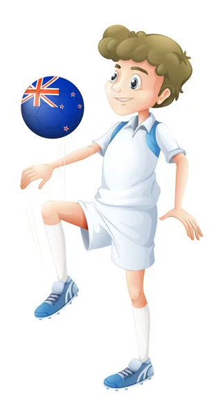 Yeni Zelanda bayrağı ile tasarlanmış topu kullanarak bir çocuk — Stok Vektör