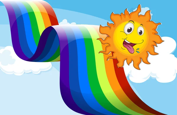 Un arco iris al lado del sol feliz — Vector de stock