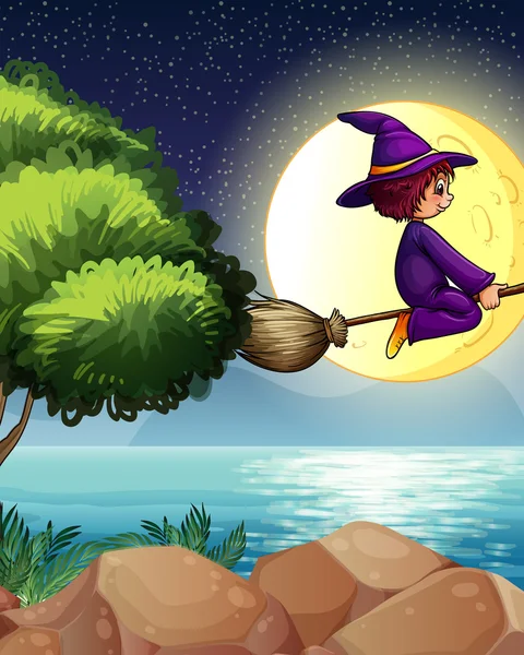 A witch flying with a broom in the middle of the night — Stock Vector