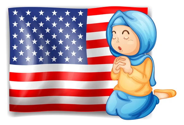 Um muçulmano rezando em frente à bandeira dos EUA —  Vetores de Stock