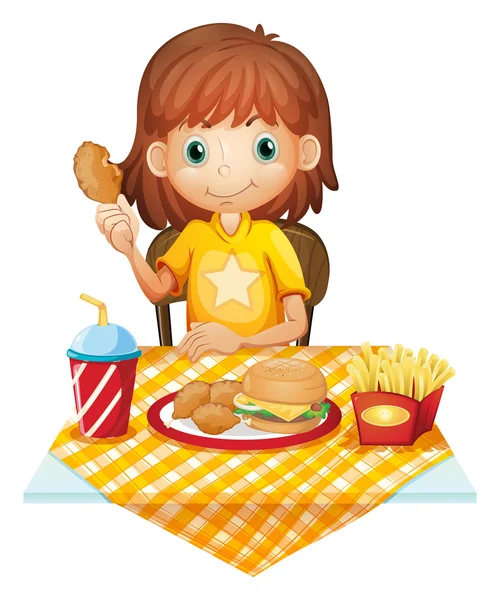 A young girl eating at the fastfood restaurant — Stock Vector