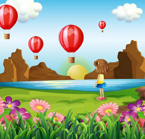 Une fille regardant les ballons flottants — Image vectorielle