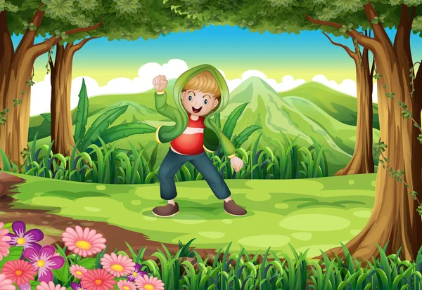 A jungle with a boy dancing — Stock Vector