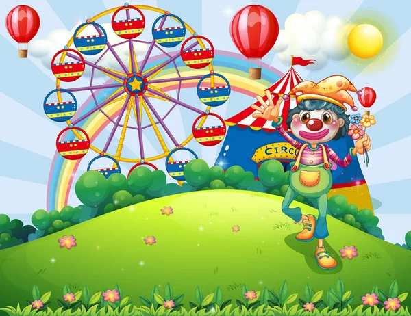 A clown at the hilltop with a carnival — Stock Vector