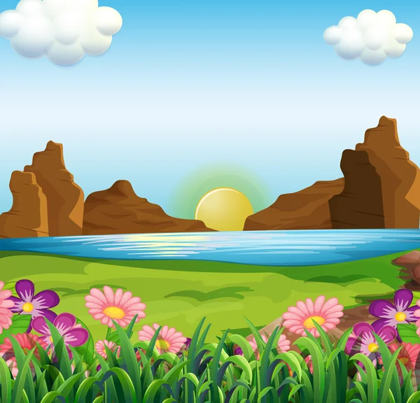 Una vista del río y las hermosas flores — Vector de stock