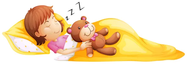 一个年轻的女孩与她睡觉的玩具 — 图库矢量图片