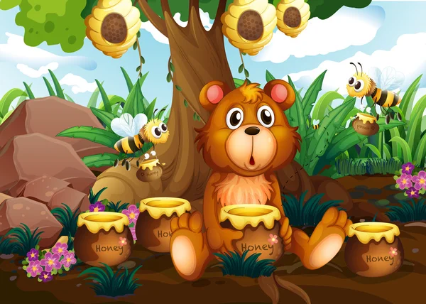 Roztomilý medvěd pod stromem s včel a hrnce medu — Stockový vektor