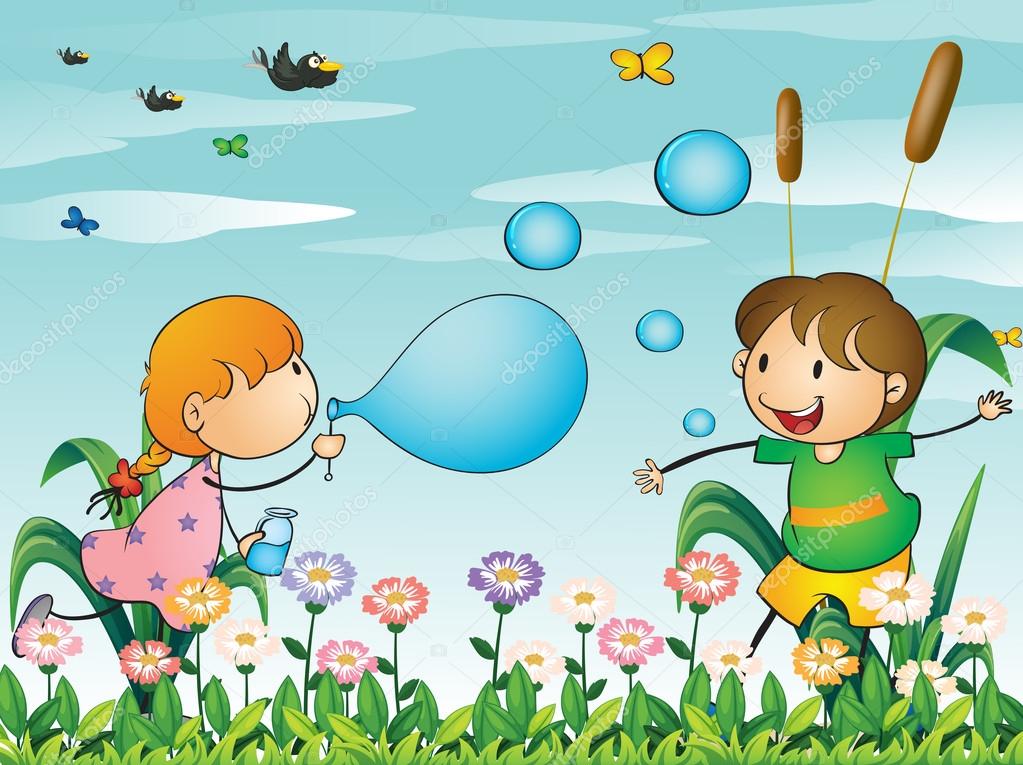 Niños En El Jardín Jugando Con Las Burbujas Que Soplan 2022
