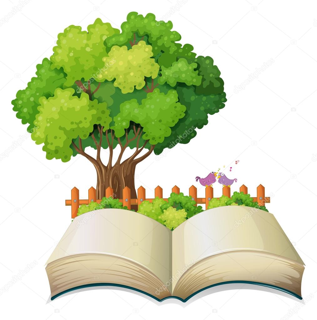 An empty open book and a tree with a fence