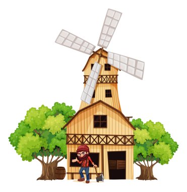 ahşap binanın yanındaki balta tutan woodman