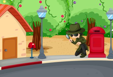 A detective at the road with a magnifying lens clipart