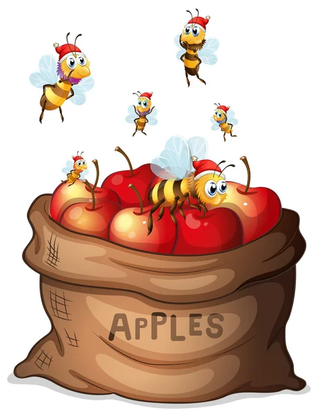 Un saco de manzana con abejas — Vector de stock