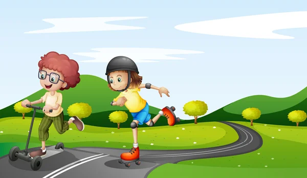 Niños jugando en la carretera — Vector de stock