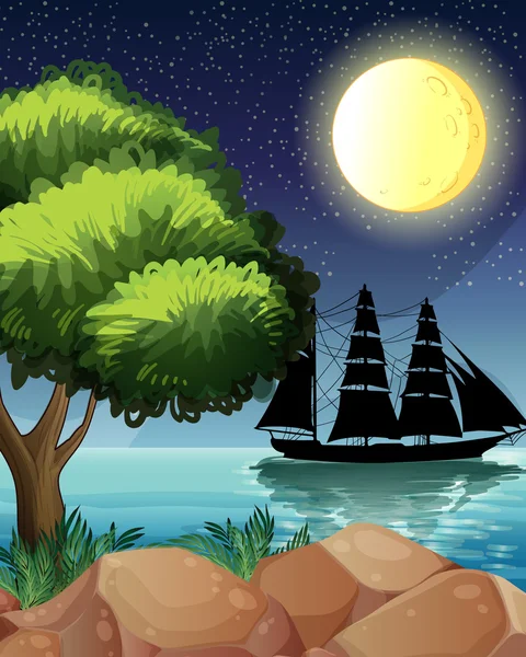 Ett svart fartyg på havet under den ljusa månen — Stock vektor