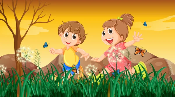 Una chica y un niño jugando con las mariposas — Archivo Imágenes Vectoriales