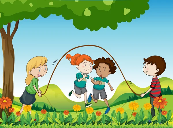 Quatre enfants jouant sous l'arbre — Image vectorielle