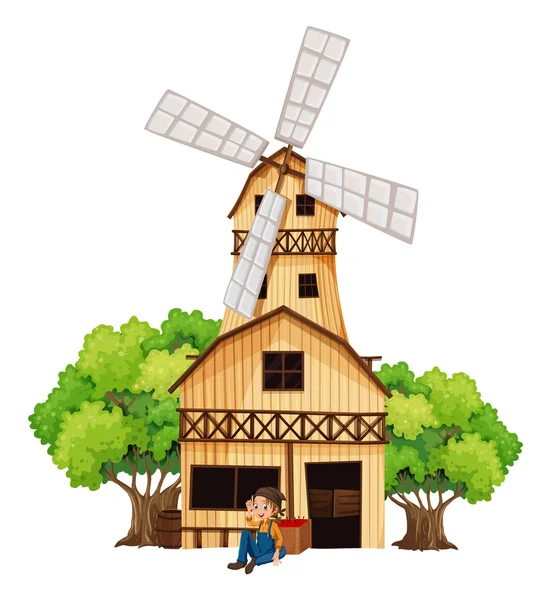 A big wooden house with a windmill — Stock Vector