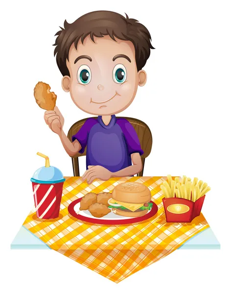 Ένα νεαρό αγόρι που τρώει σε ένα εστιατόριο fastfood — Διανυσματικό Αρχείο
