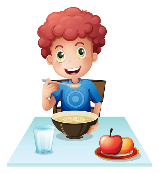 A curly boy eating his breakfast — Stock Vector