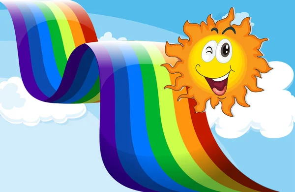 Un cielo con un arco iris y un sol feliz — Vector de stock