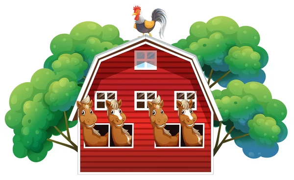 Una granja con cuatro caballos y un gallo — Archivo Imágenes Vectoriales