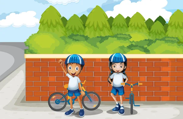 Twee jonge fietsers op de straat — Stockvector