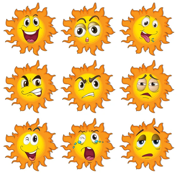 Diferentes expressões faciais do sol — Vetor de Stock
