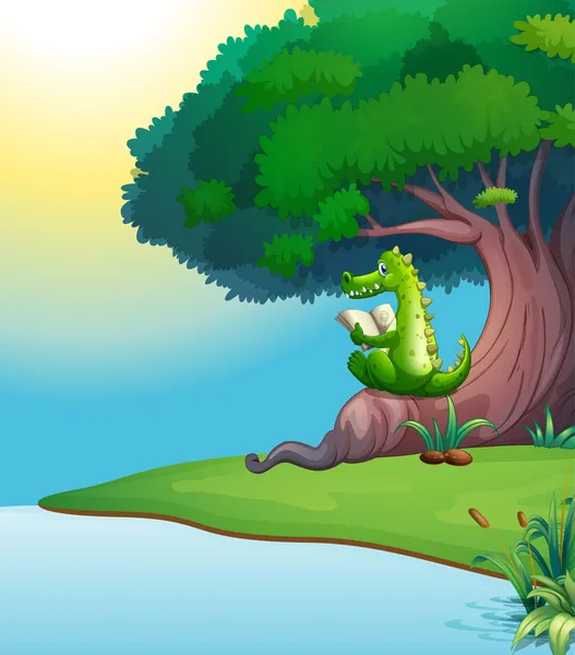 一条鳄鱼在树下读书 — 图库矢量图片