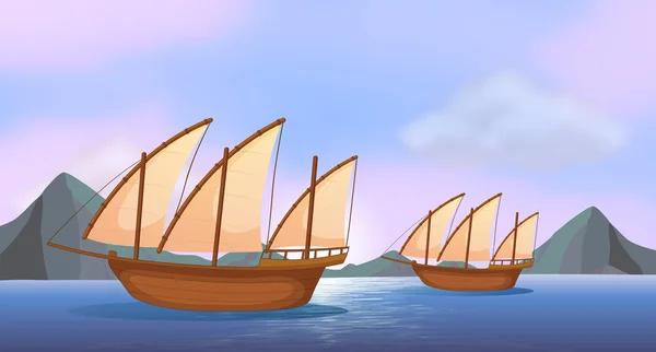 Два деревянных корабля в океане — стоковый вектор