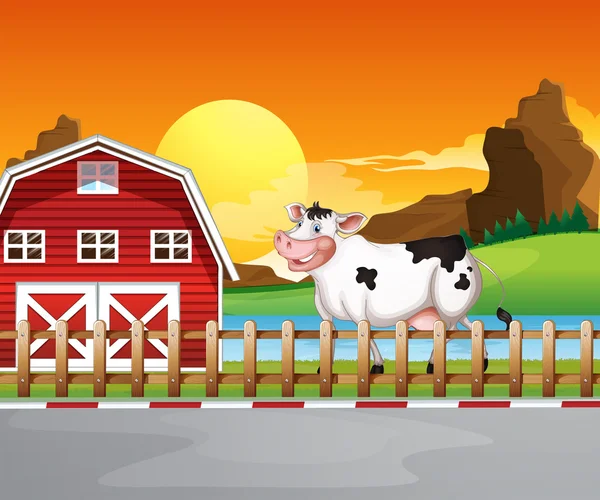 Uma vaca ao lado do celeiro de madeira —  Vetores de Stock