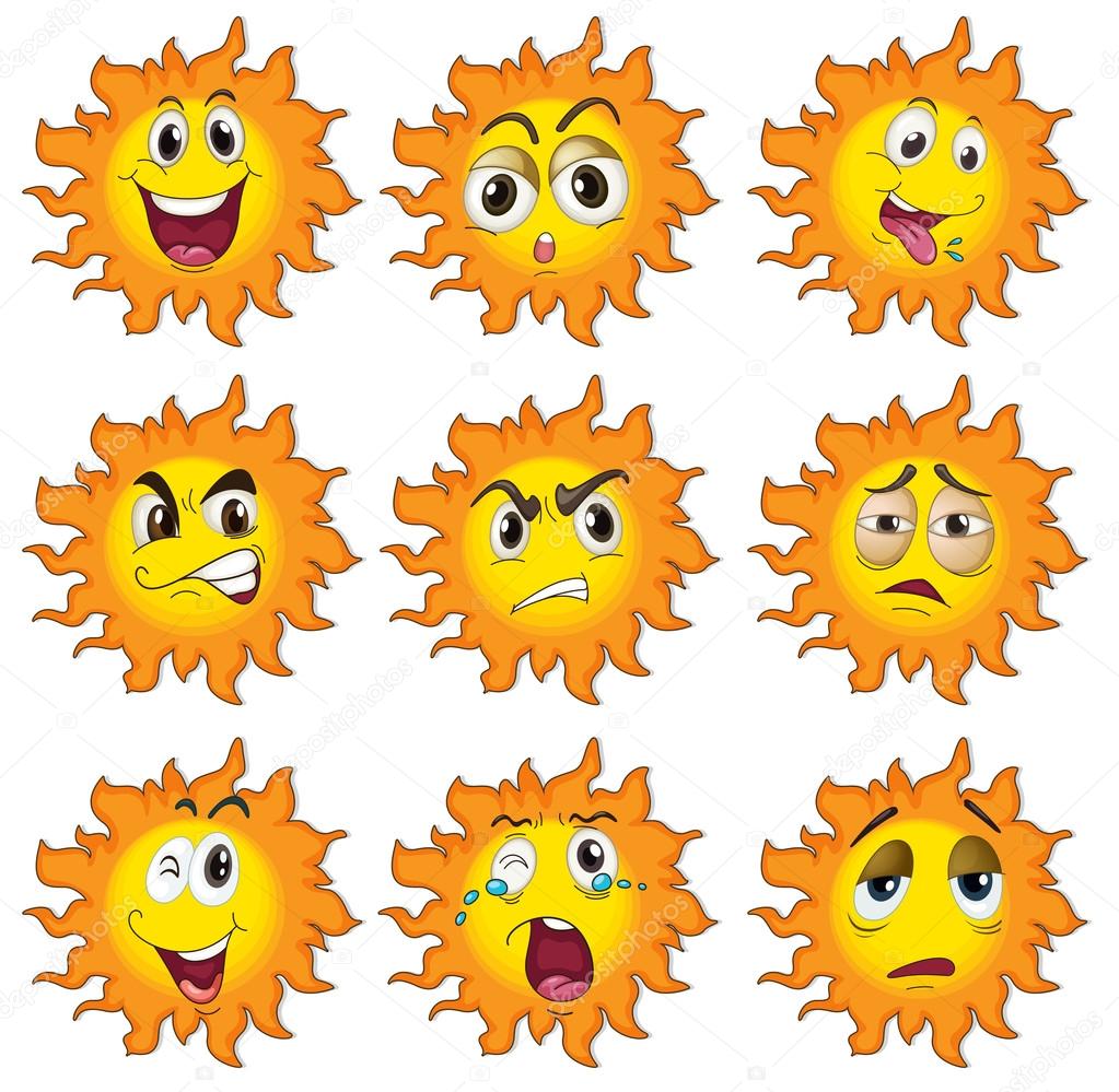 Different facial expressions of the sun