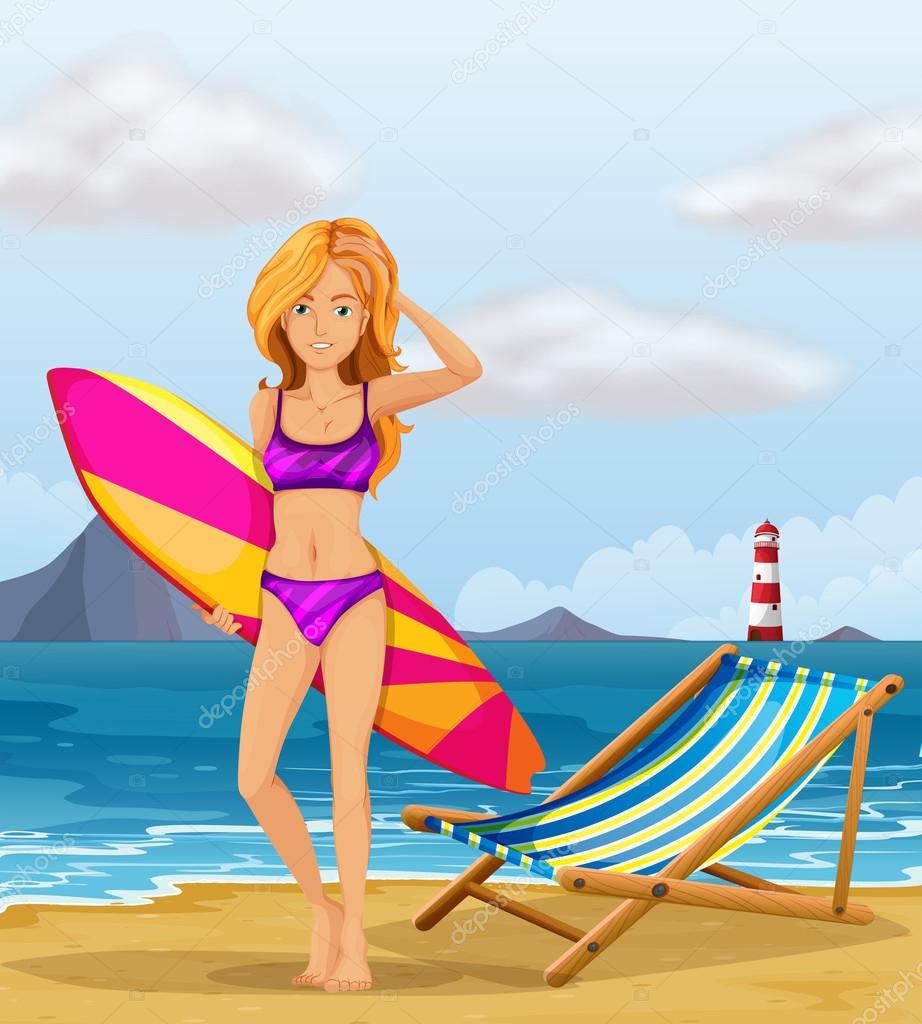 A girl at the beach with a colourful surfing board
