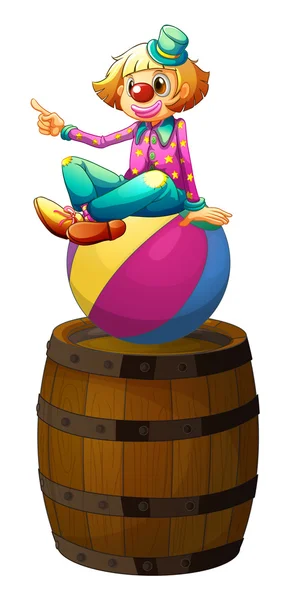 Een bal met een clown boven het houten vat — Stockvector