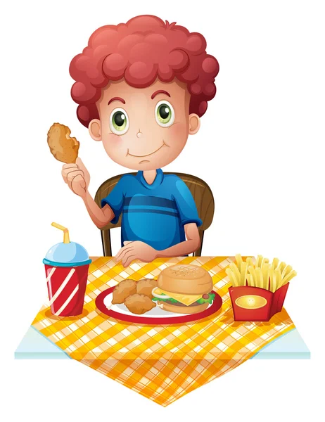 Un chico hambriento comiendo — Vector de stock