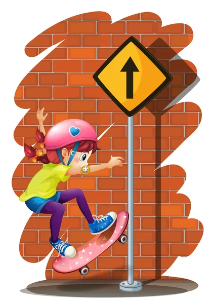 A girl skateboarding near the signboard — Stock Vector