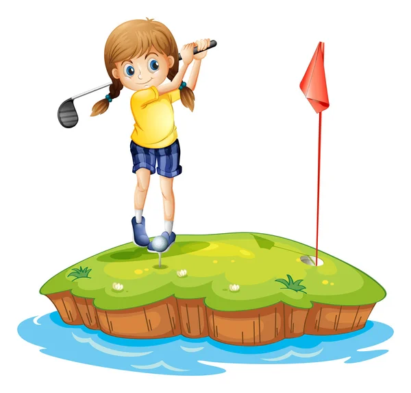 An island with a young girl playing golf — Stock Vector