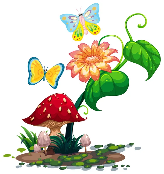 Eine große Blume neben dem Pilz mit zwei Schmetterlingen — Stockvektor
