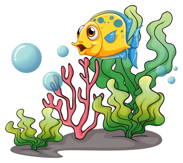 A yellow fish under the sea near the seaweeds — Stock Vector