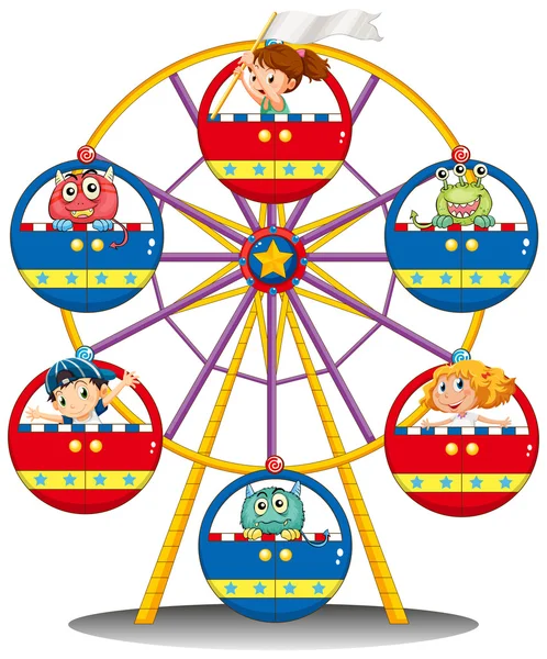 Un tour de carnaval avec des monstres et des enfants — Image vectorielle