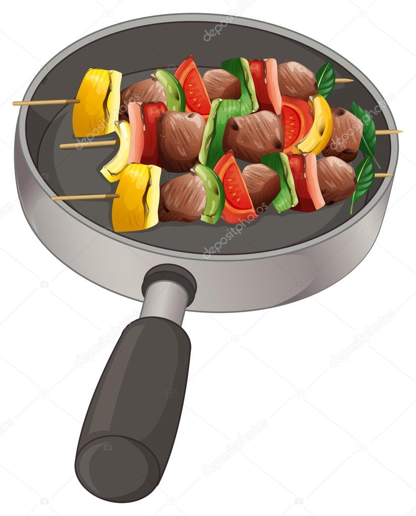 A pan with foods on stick