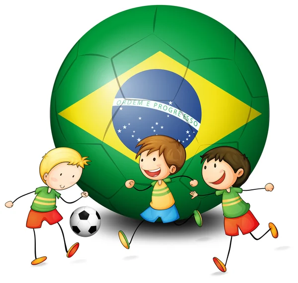 Niños jugando al fútbol con la bandera de Brasil — Vector de stock