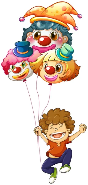 A happy boy with three clown balloons — Stock Vector