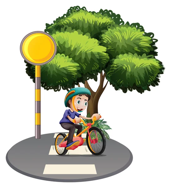 Un niño en bicicleta en la carretera — Vector de stock