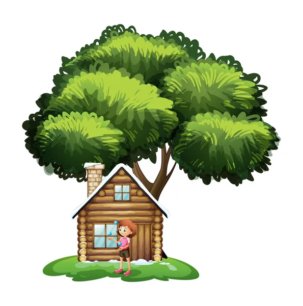 A small house under the tree with a girl outside — Stock Vector