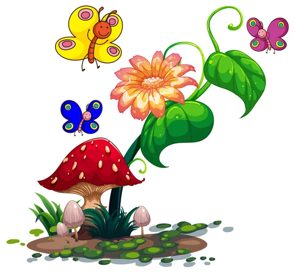 Farbenfrohe Schmetterlinge umgeben die Pflanzen — Stockvektor