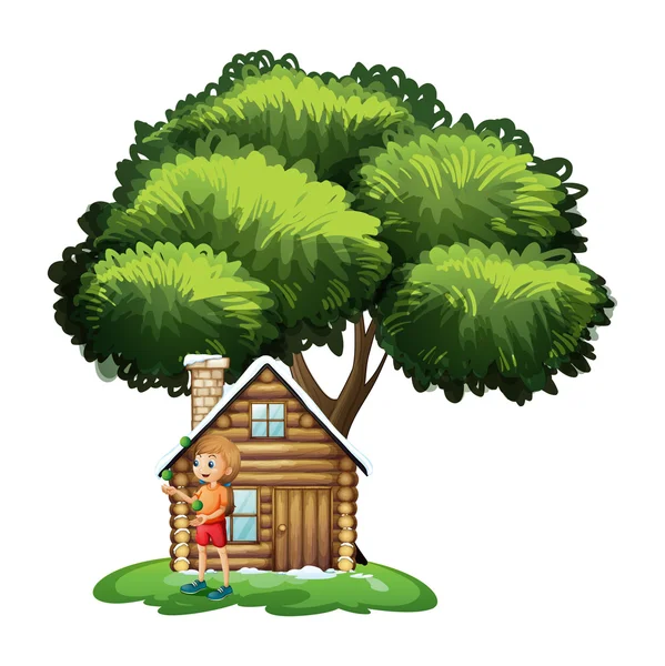 Молодая девушка играет снаружи маленького дома под деревом — стоковый вектор
