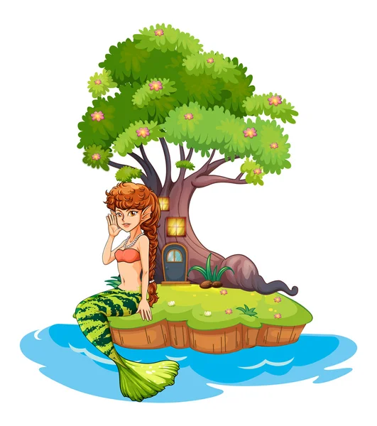 Красивая русалка рядом с домиком на дереве — стоковый вектор